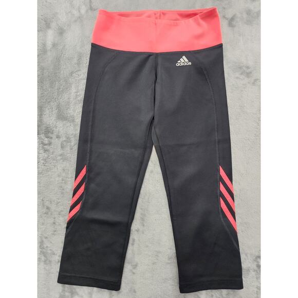 Adidas Leggings Womens S Black Coral Climalite 3 Stripe Active Capri Workout Gym - Picture 1 of 12